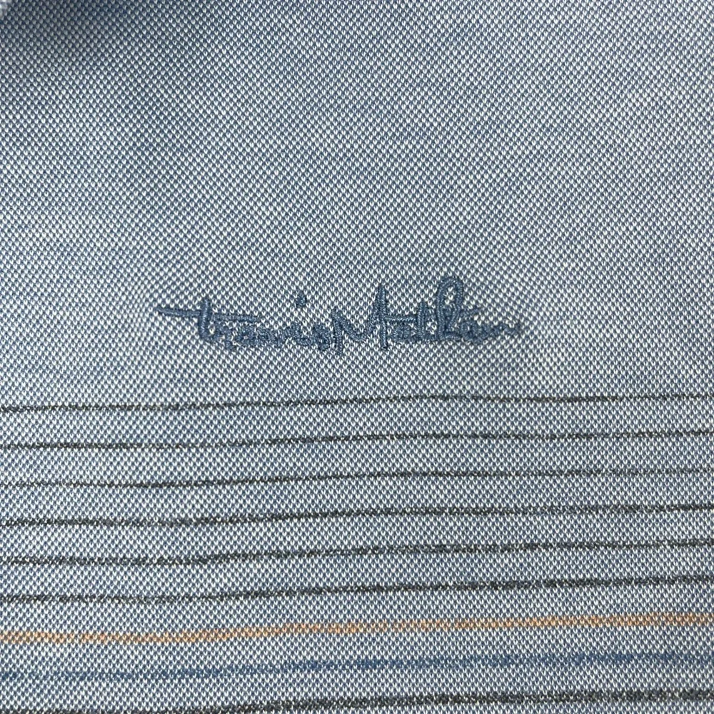 TravisMathew Mens M Blue Grey Polo Shirt Four Seasons Golf Striped Logo